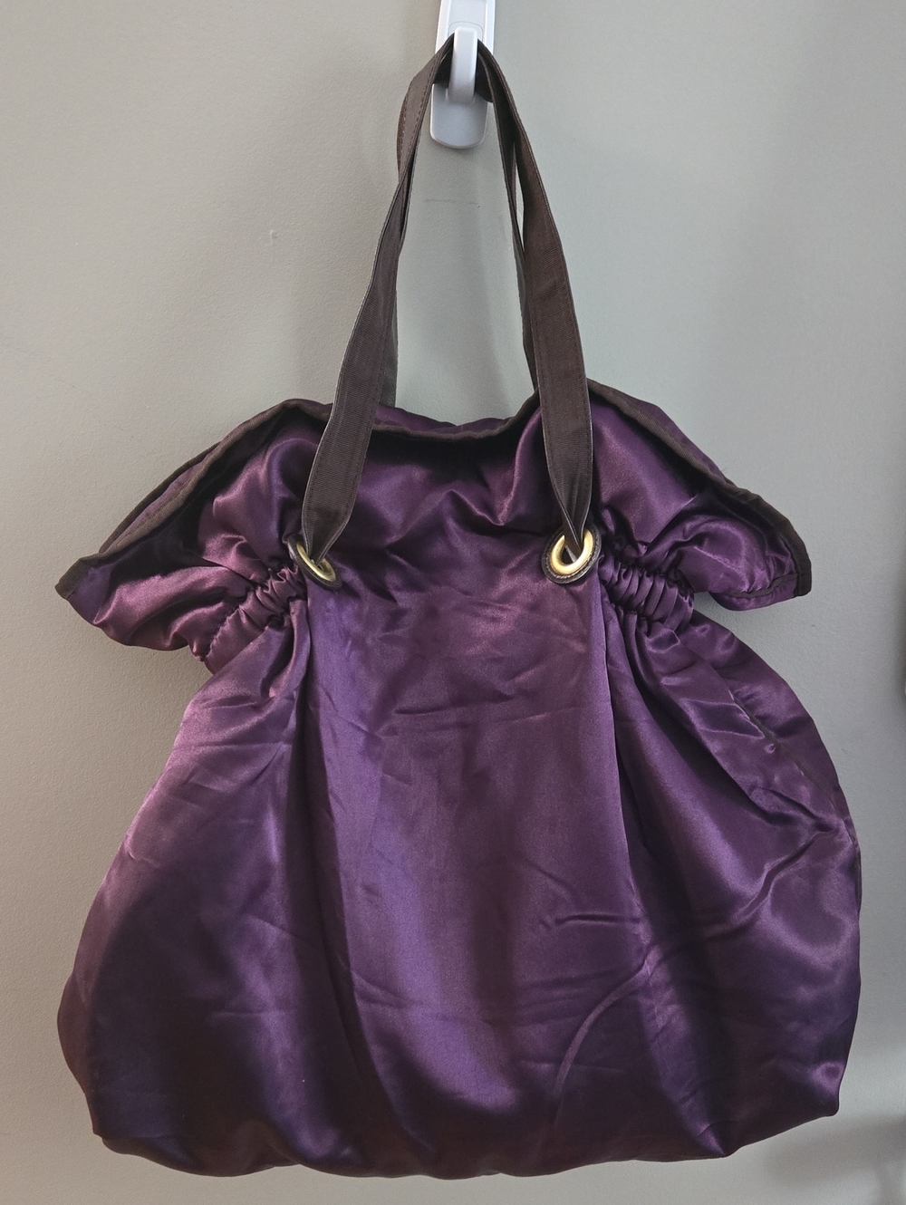 Purple Satin Tote Bag with Brown Straps